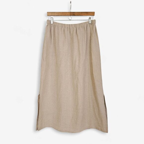 Eileen Fisher Organic Linen Straight Cut Side Vent Midi Skirt Oatmeal Natural L - Picture 1 of 7